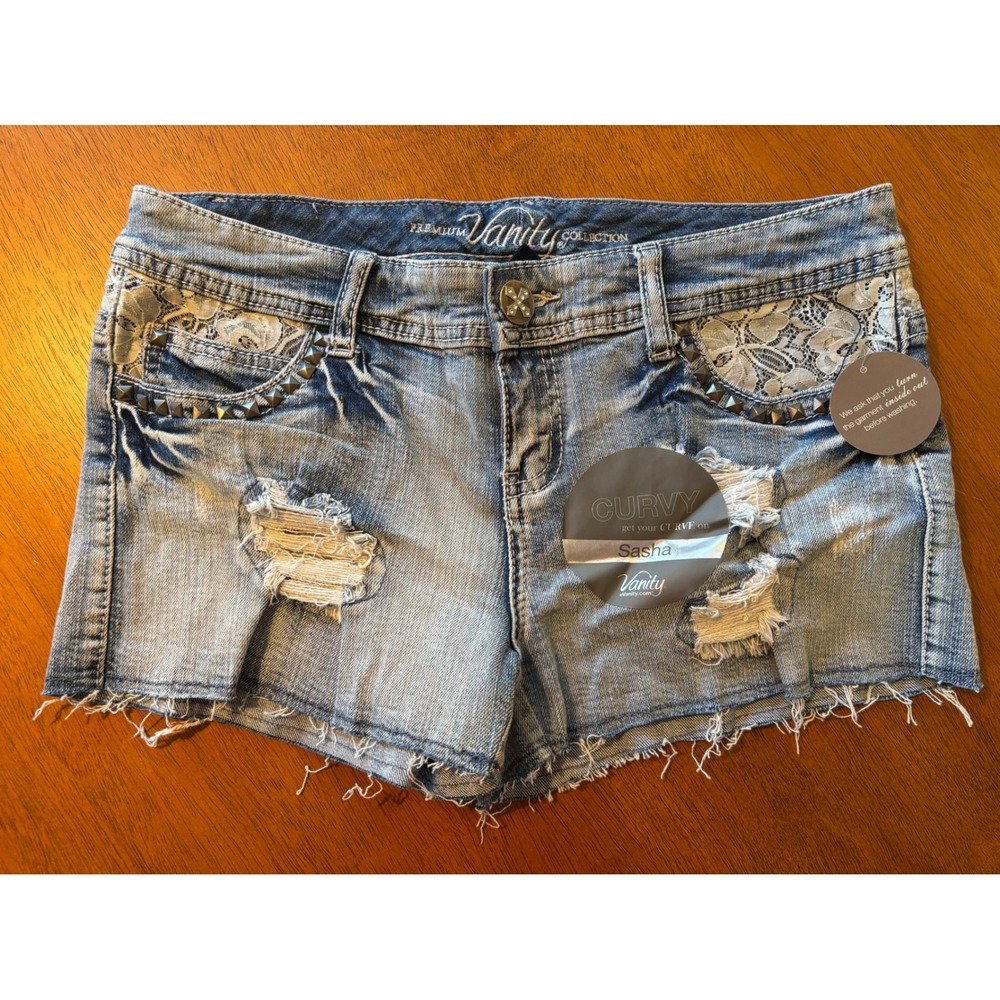 Vanity Premium Collection Sasha Curvy Lace Distressed Denim Shorts Light Wash 29